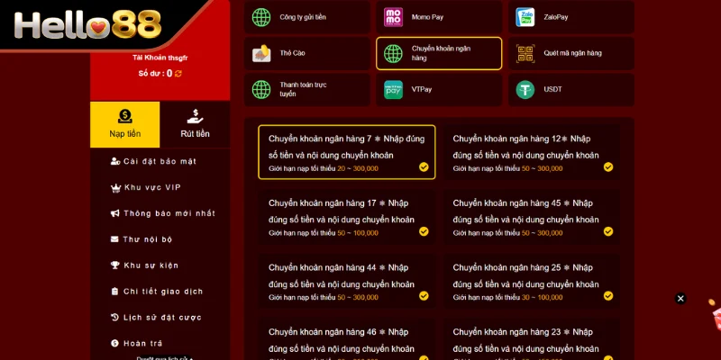 Nạp tiền bằng chuyển khoản Hello88